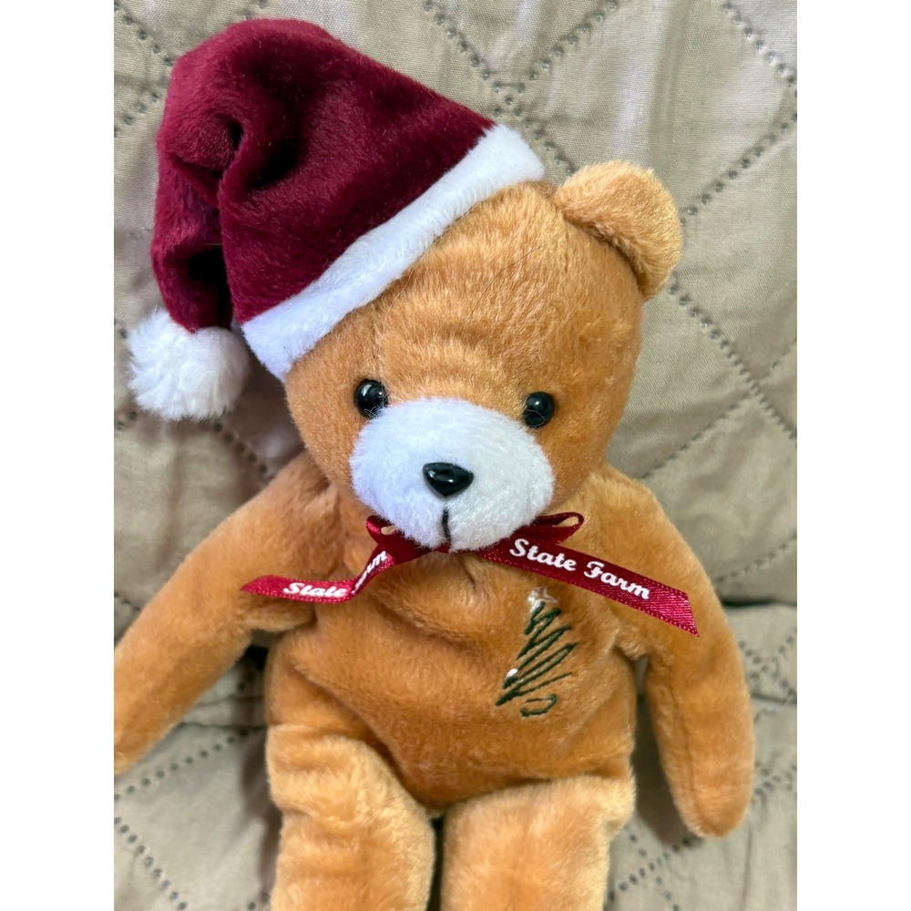State Farm Holiday Teddy Bear Plush Santa Hat Christmas Tree Logo Tan Burgundy - Picture 2 of 3